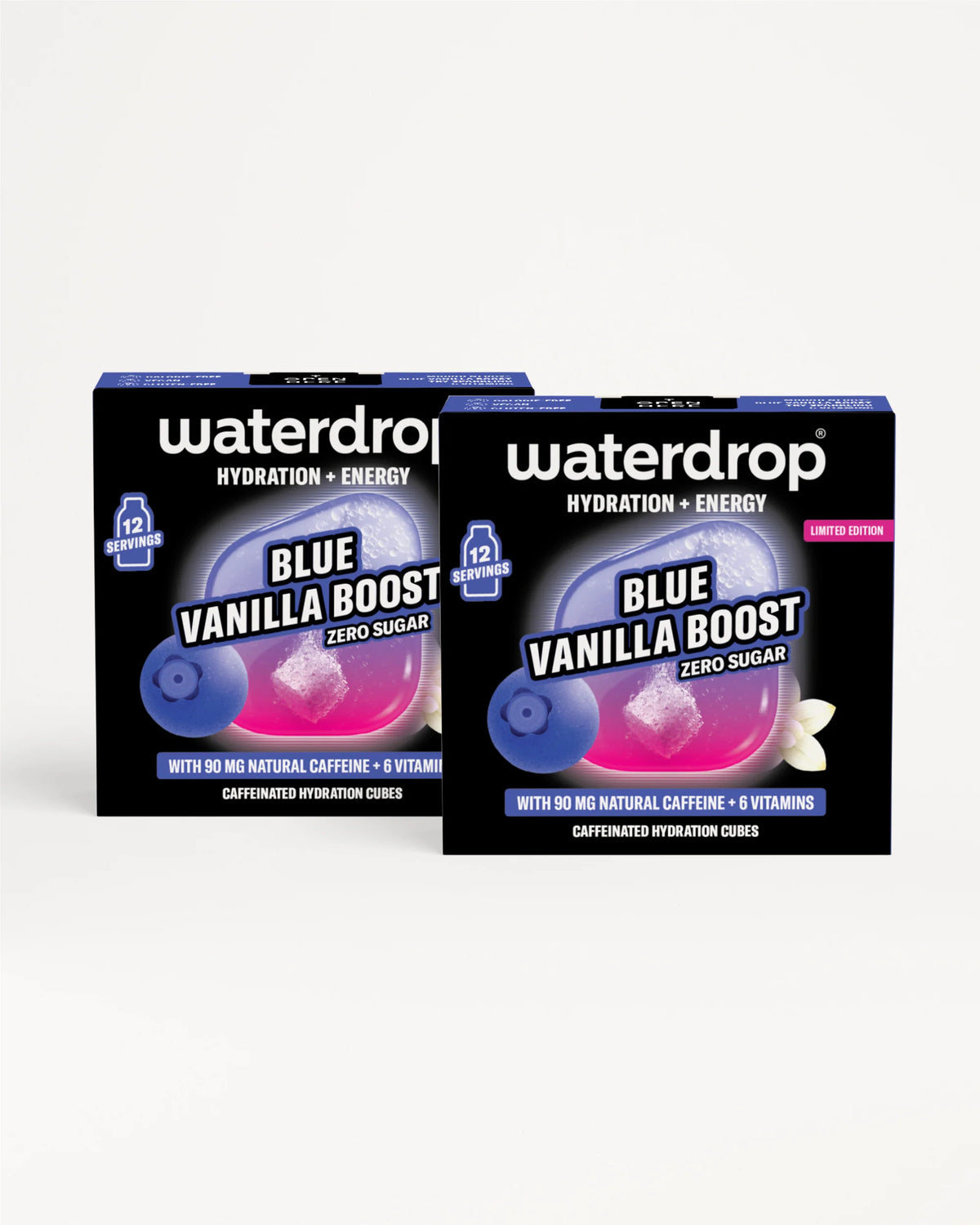 Două cutii Waterdrop Blue Vanilla Boost cu ambalaj albastru și mov.
