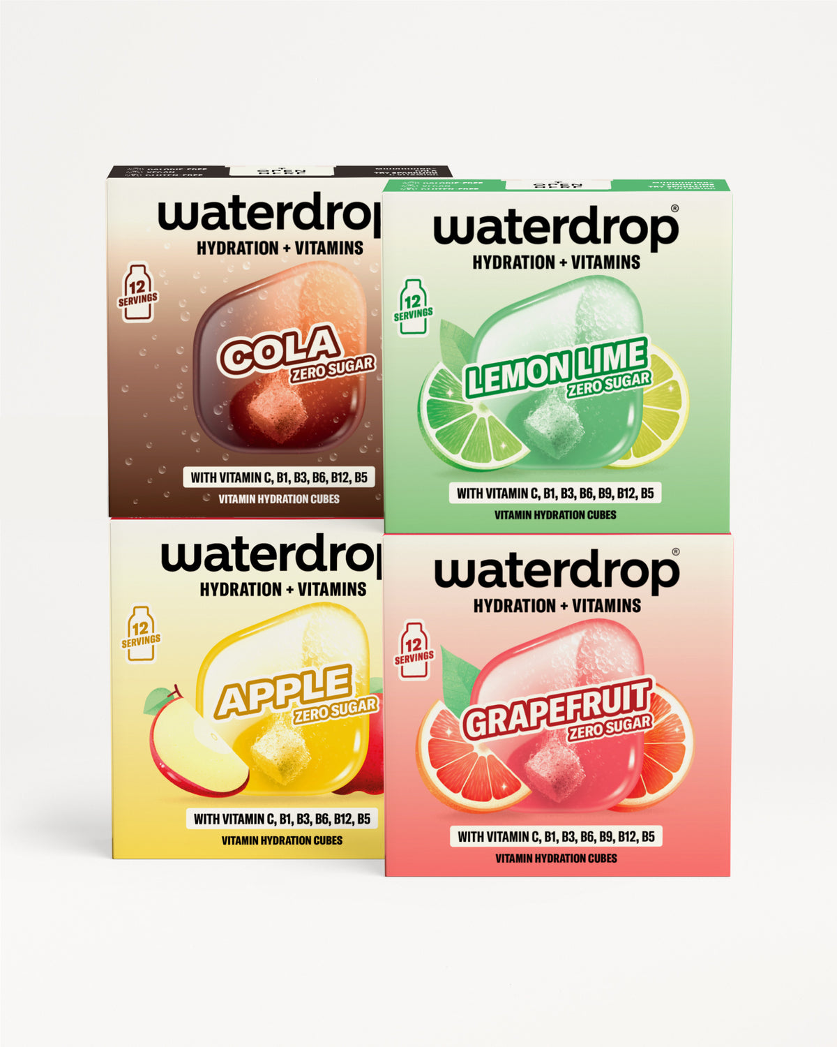 Set de patru Waterdrop pentru hidratare și vitamine, într-un ambalaj pătrat 2x2.