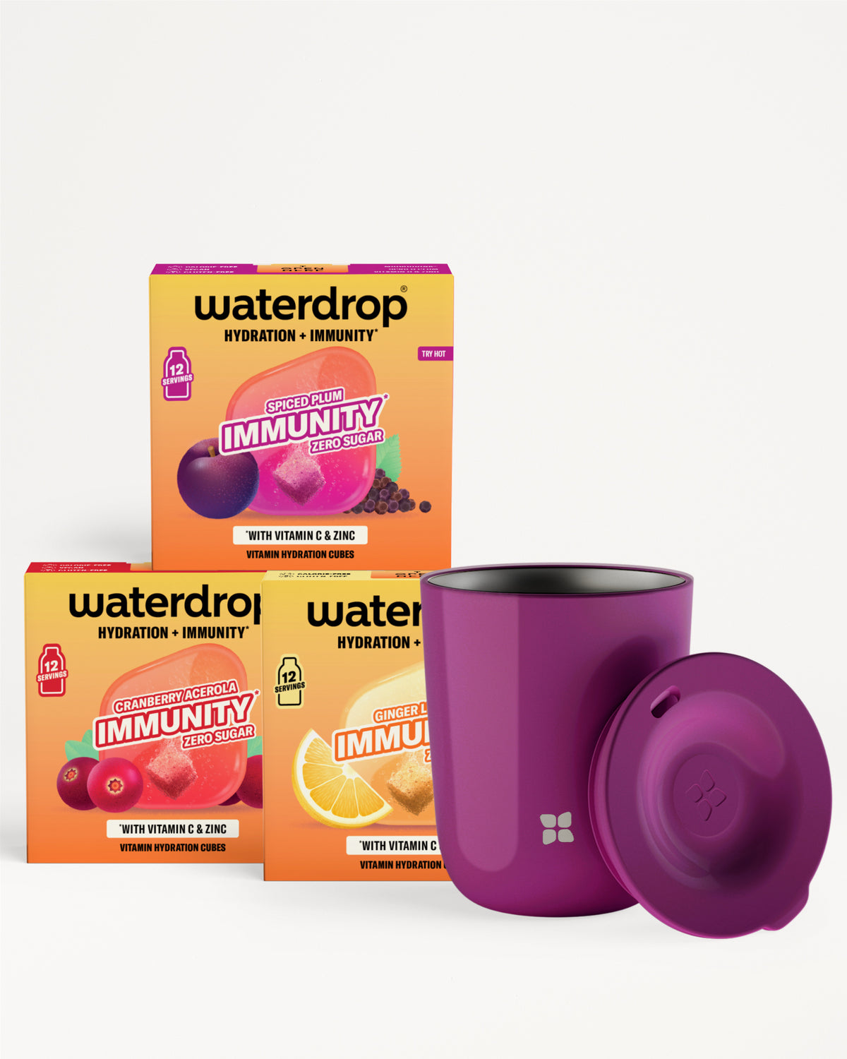 Cutii Waterdrop pentru hidratare și imunitate cu un pahar mov și capac.