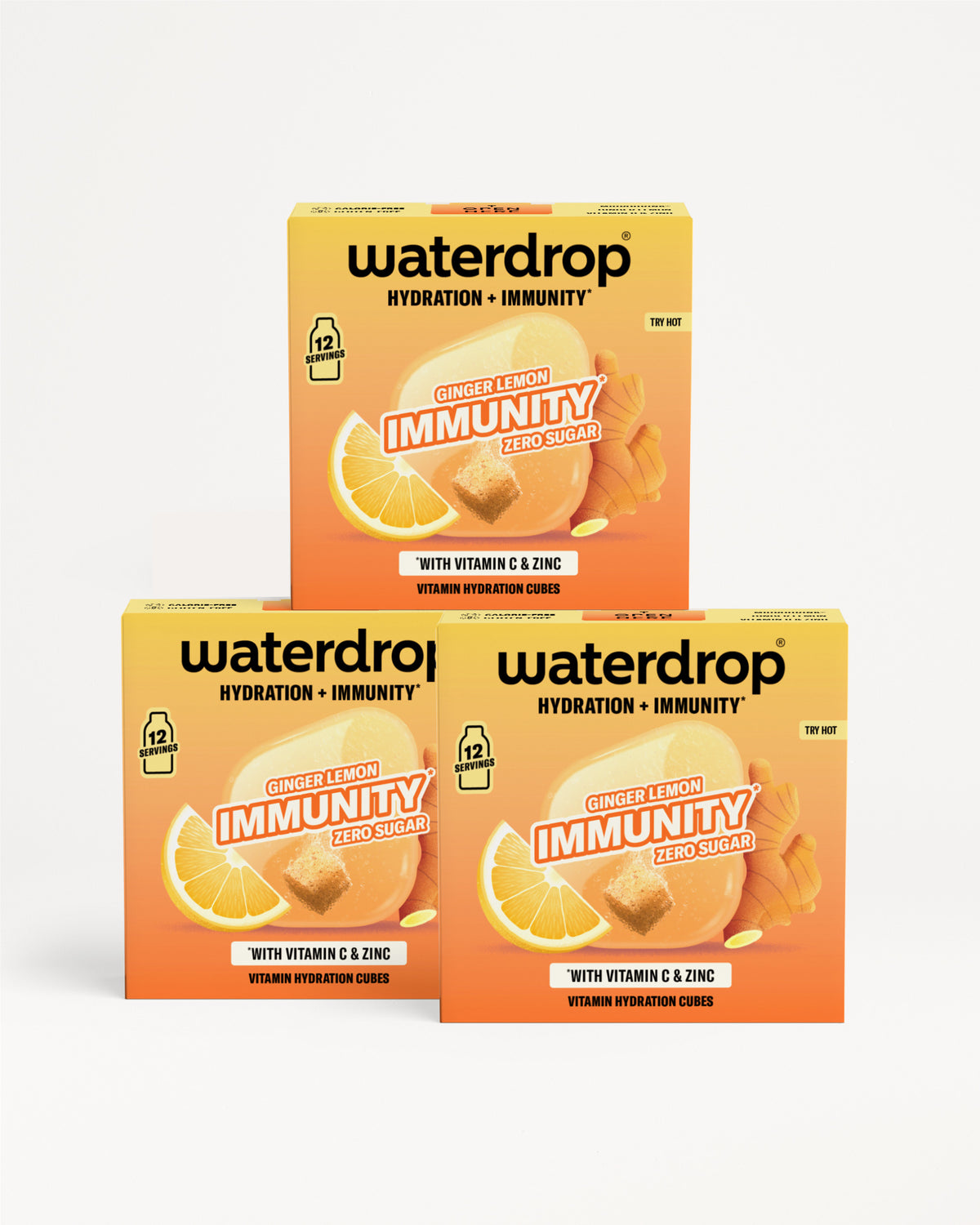 Trei cutii Waterdrop pentru hidratare și imunitate, așezate într-un rând suprapus.