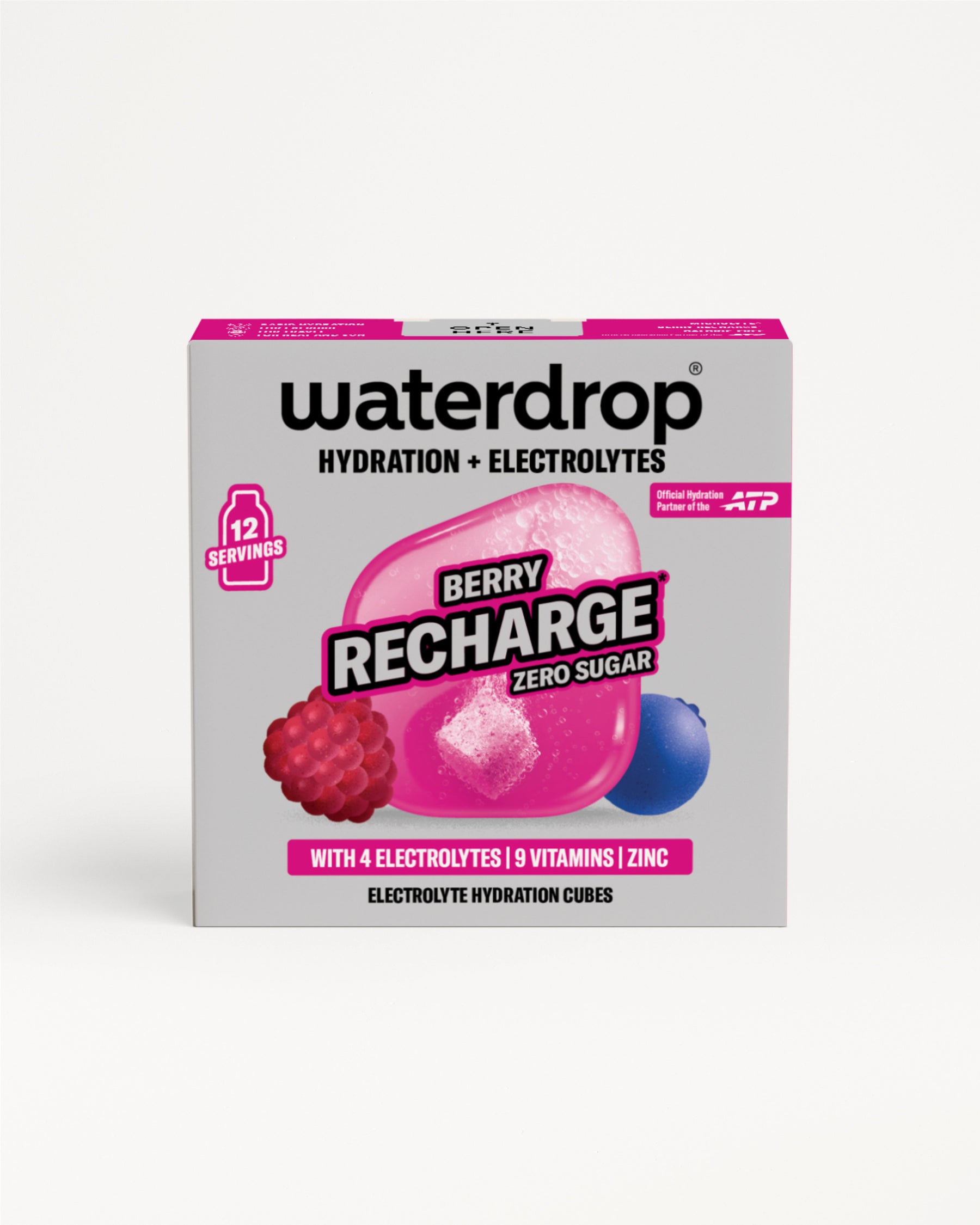 Cutie Berry Recharge fără zahăr cu 12 porții, prezentată frontal, cu ilustrații de fructe de pădure și un cub de hidratare, pe fundal alb.