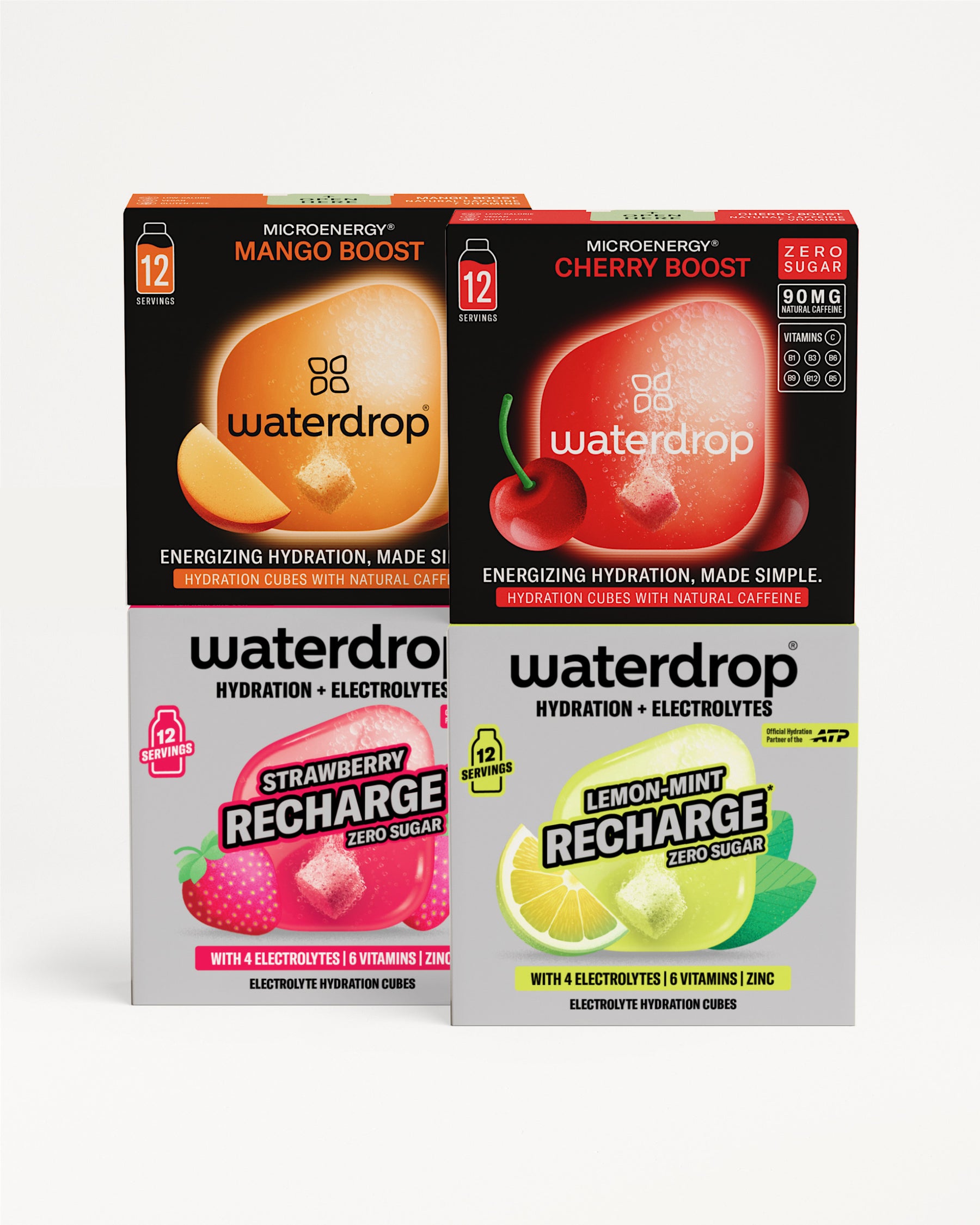 Patru cutii waterdrop: Microenergy Mango Boost, Microenergy Cherry Boost, Recharge Strawberry și Recharge Lemon-Mint, fiecare cu 12 porții, aranjate pe fundal alb.