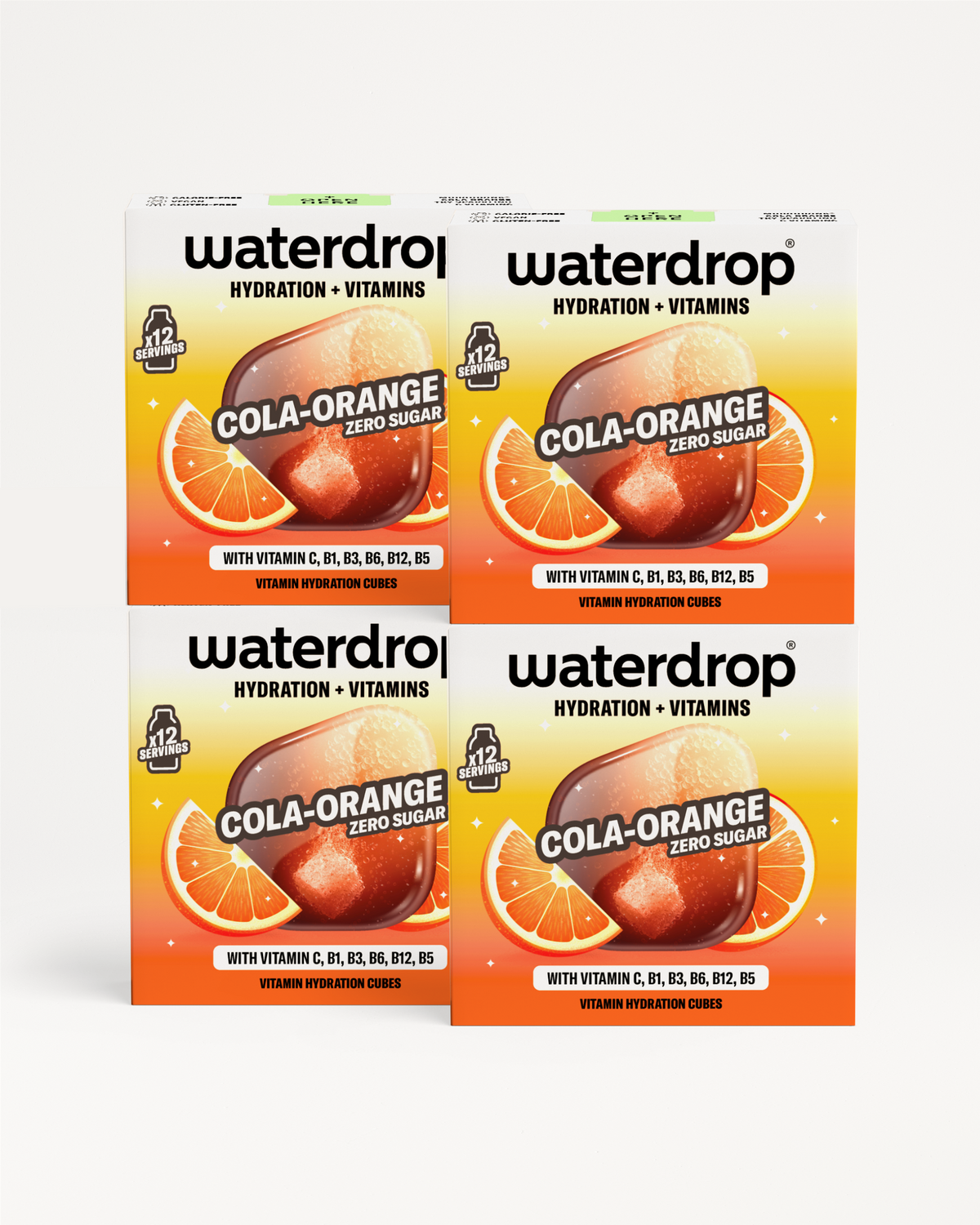 Patru cutii Waterdrop Cola Orange cu aromă de cola și portocală, așezate pe fundal alb.