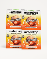 Patru cutii Waterdrop Cola Orange cu aromă de cola și portocală, așezate pe fundal alb.