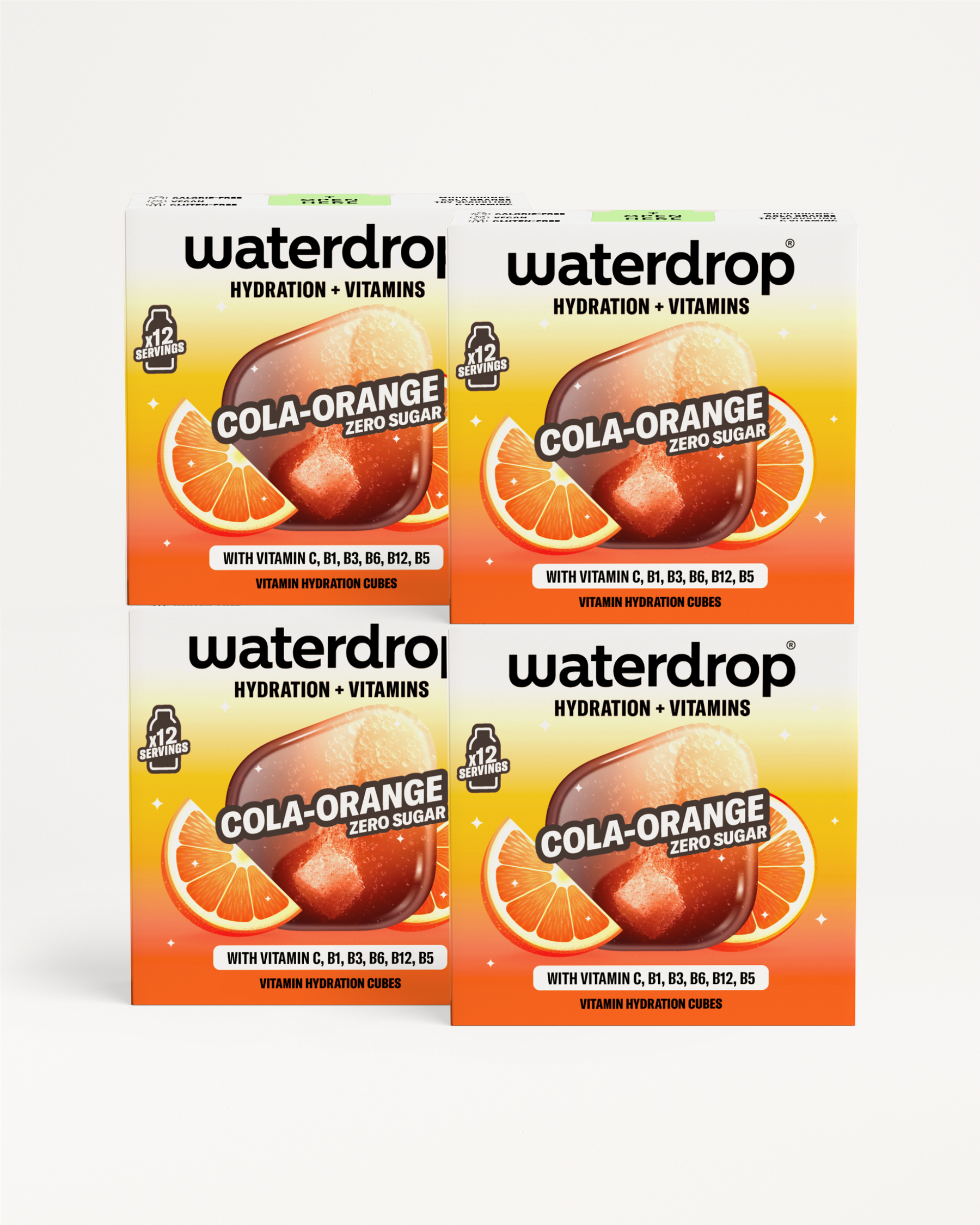 Patru cutii Waterdrop Cola Orange cu aromă de cola și portocală, așezate pe fundal alb.
