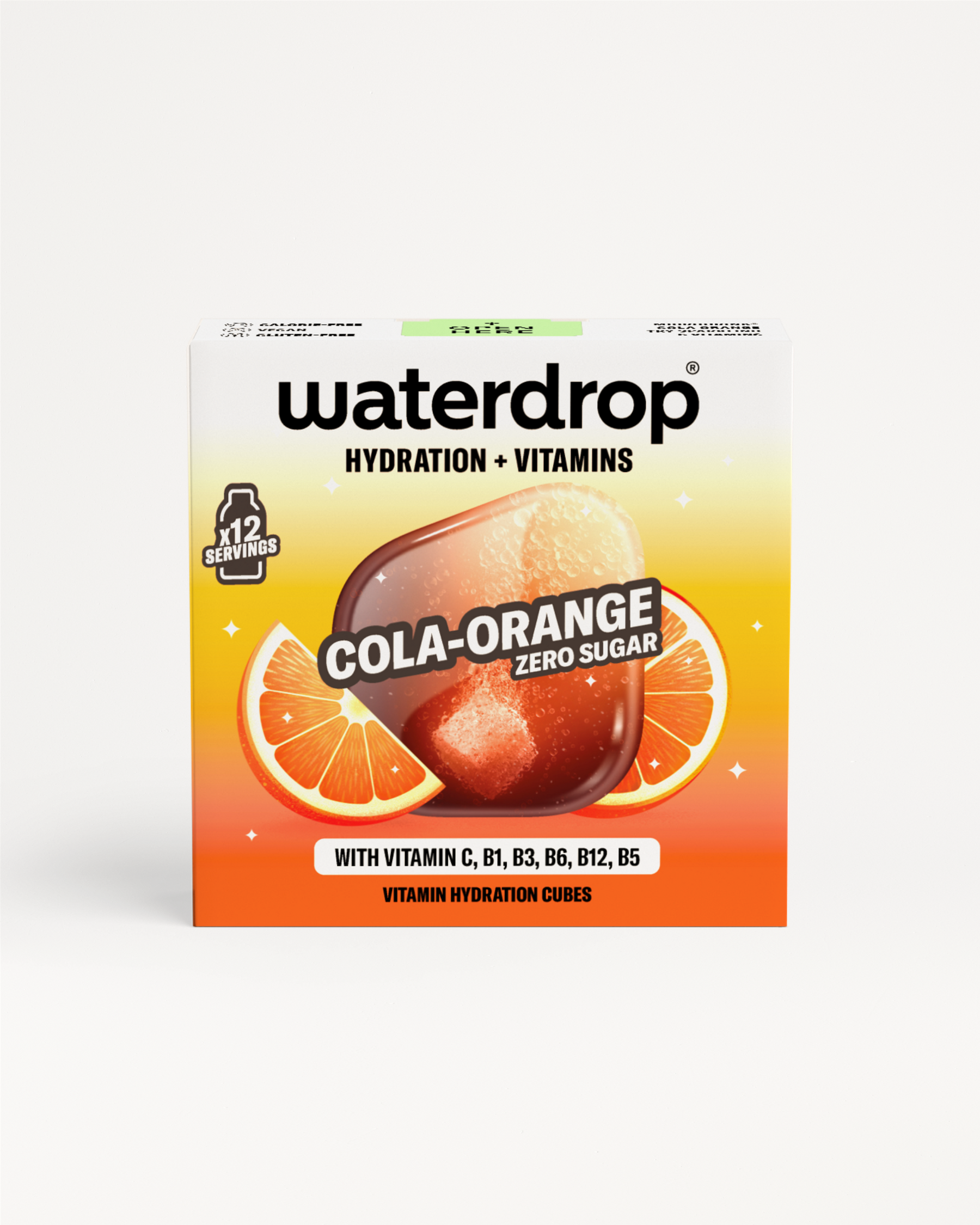 Cutie Waterdrop Cola Orange cu aromă de cola și portocală, fără zahăr, cu vitaminele C, B1, B3, B6, B12 și B5, așezată pe fundal alb.