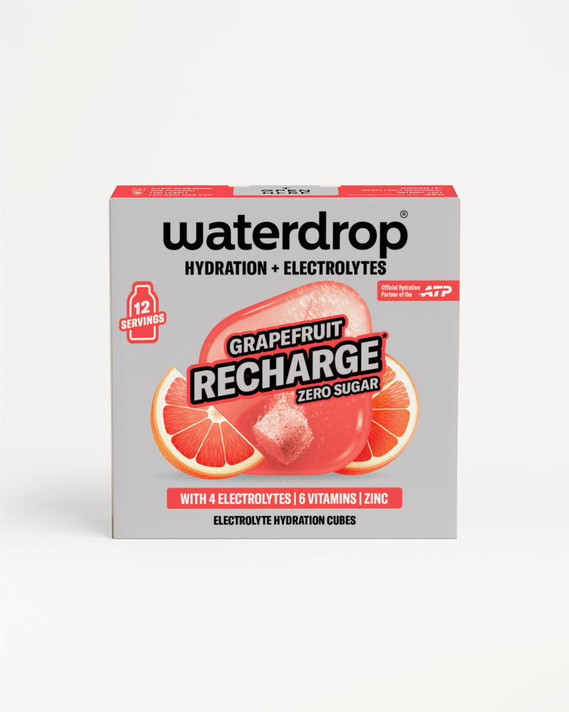 Cutie Grapefruit Recharge fără zahăr cu 12 porții, prezentată frontal, cu ilustrații de grapefruit și un cub de hidratare, pe fundal alb.