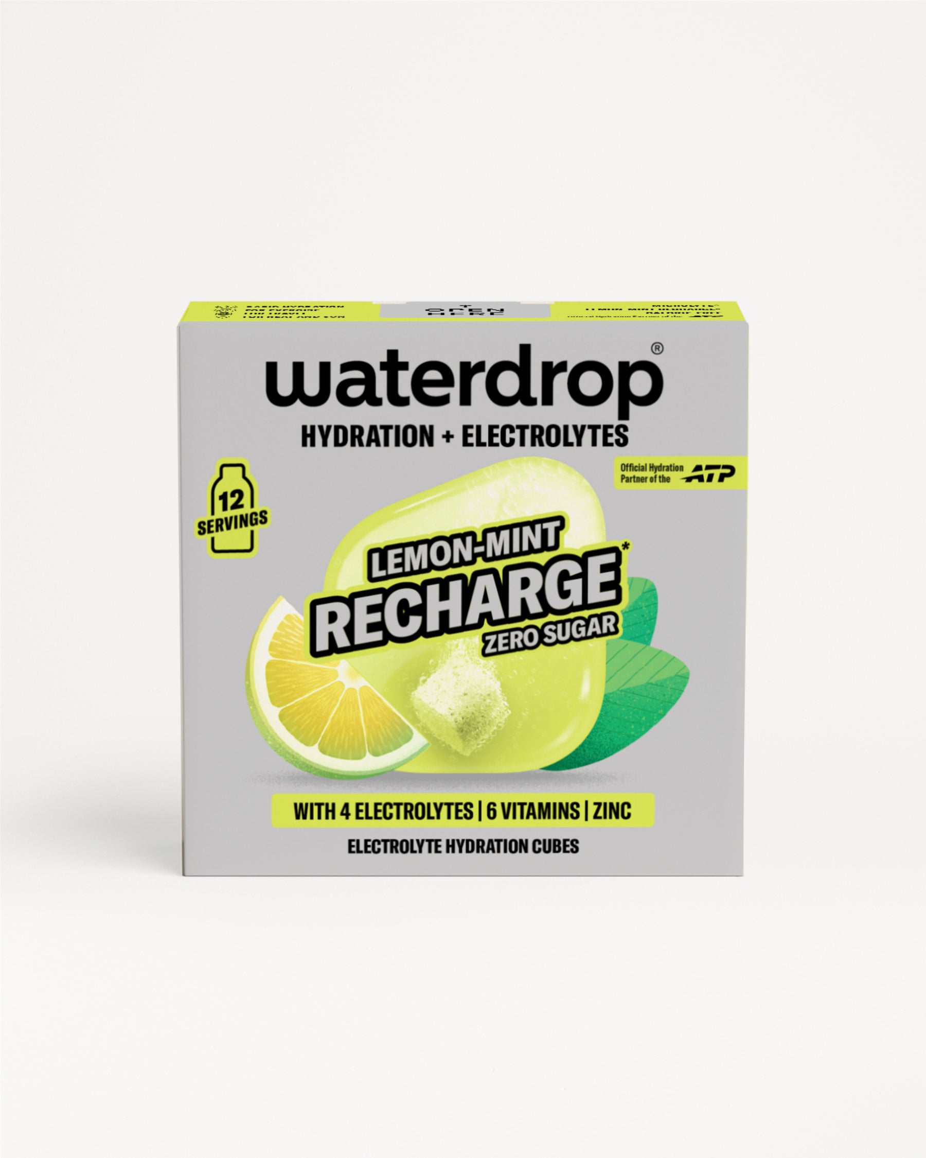 Cutie Lemon-Mint Recharge fără zahăr cu 12 porții, prezentată frontal, cu ilustrații de lămâie, mentă și un cub de hidratare, pe fundal alb.