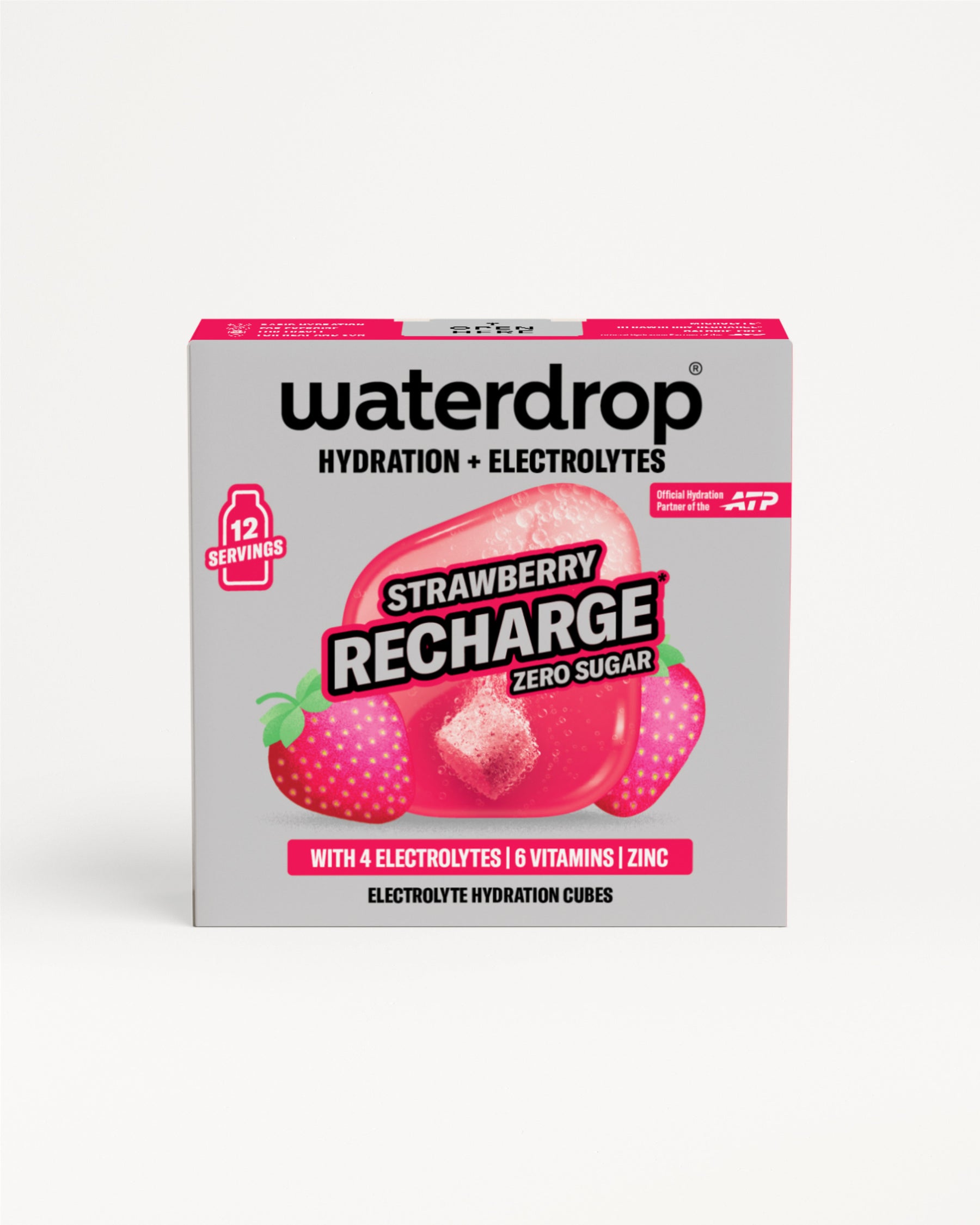 Cutie Strawberry Recharge fără zahăr cu 12 porții, prezentată frontal, cu ilustrații de căpșuni și un cub de hidratare, pe fundal alb.