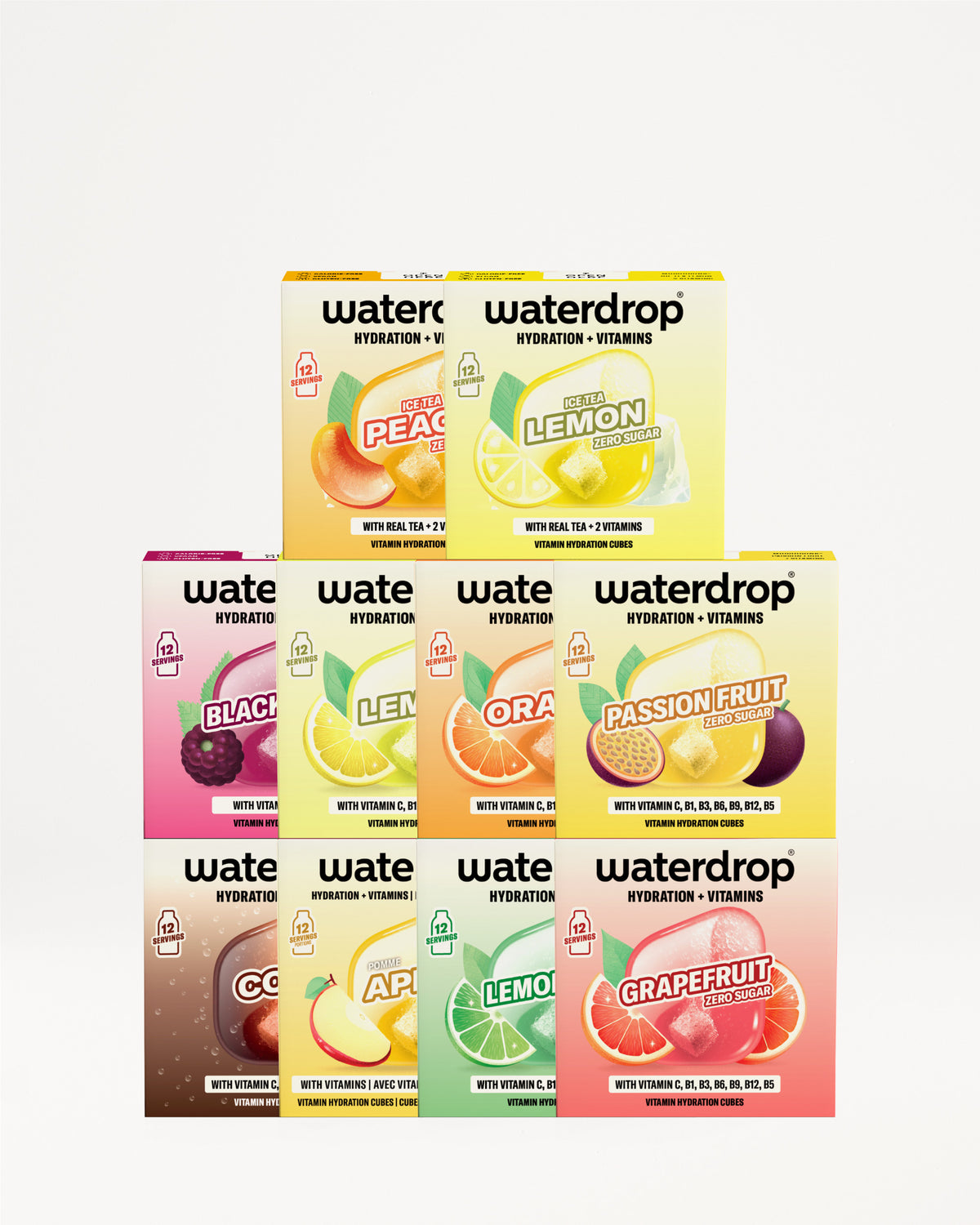 Un stiv de cutii Waterdrop pentru hidratare și vitamine, aranjate într-o piramidă, cu arome de fructe variate.