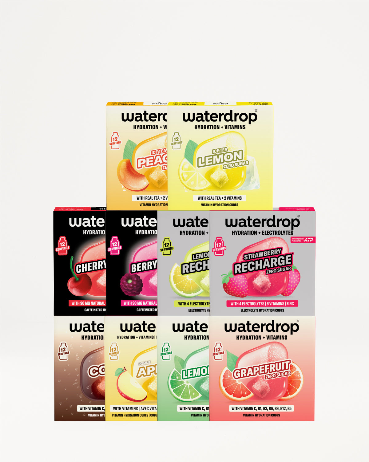 Cutii Waterdrop de hidratare aromate, aliniate în formă de piramidă.