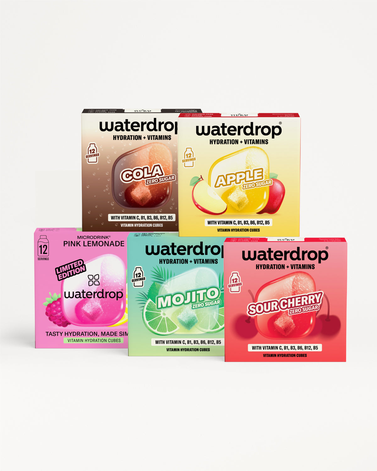 Ghiduri Waterdrop hidratare cu vitamine, aranjate în două rânduri.