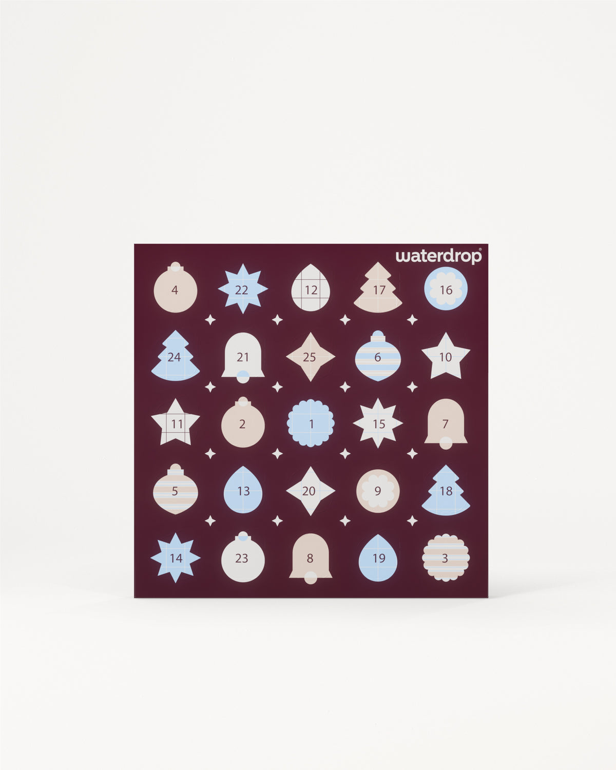 Calendar de Advent cu 24 de uși numerotate într-un pătrat mov închis pe un fundal deschis.