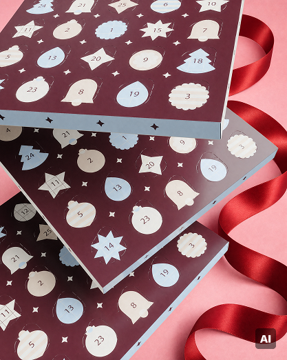 Calendare de Advent albastre stivuite cu ferestre circulare numerotate și forme festive, legate cu un șnur roșu pe un fundal roz.
