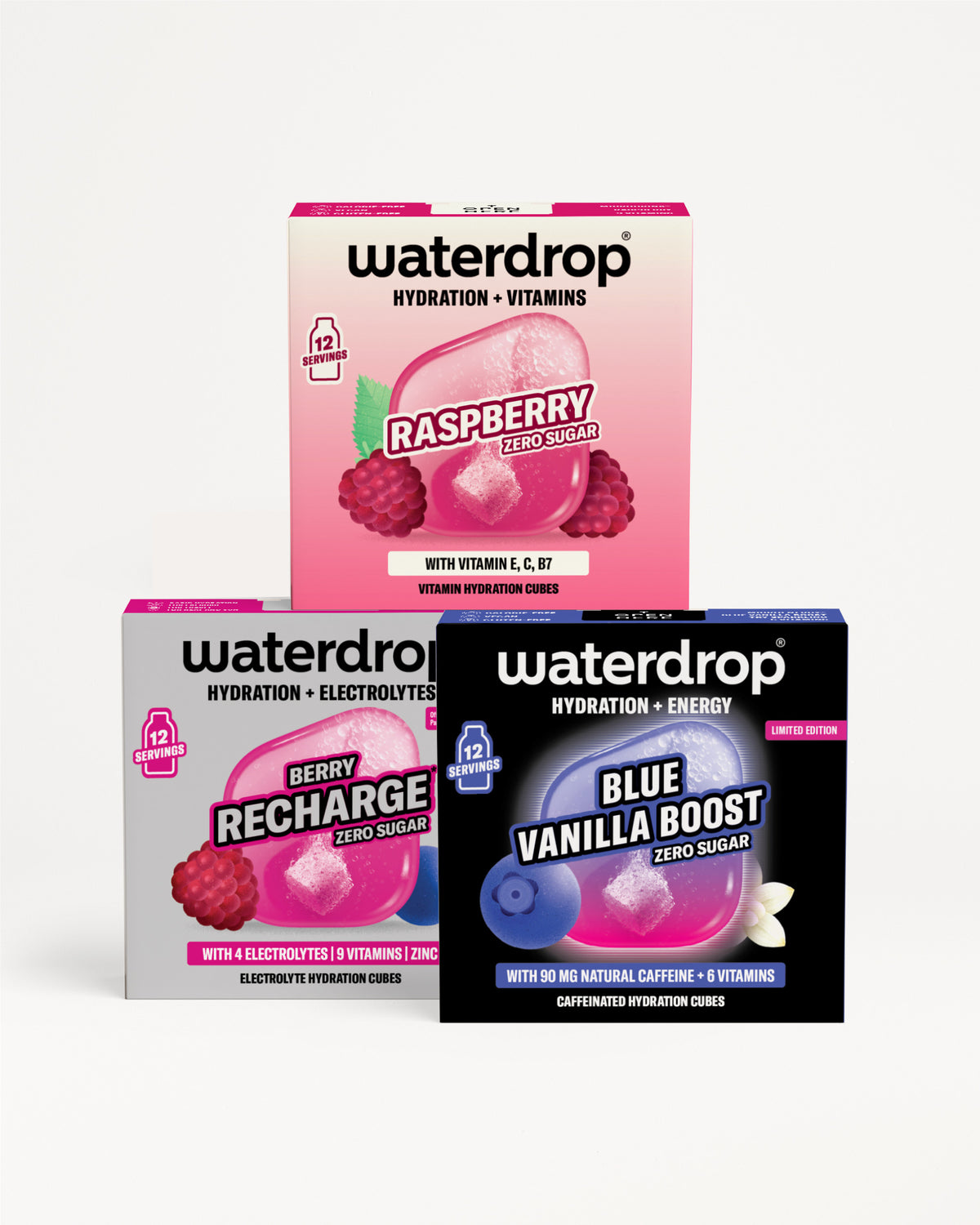 Trei cutii Waterdrop pentru hidratare cu arome Raspberry, Berry Recharge și Blue Vanilla Boost.