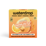 Ambalaj portocaliu și galben pentru cuburile de imunitate Waterdrop cu motiv de citrice.