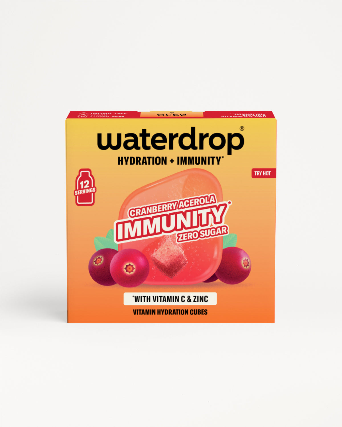 Cutie Waterdrop Immunity cuburi de hidratare cu aromă afine-acerola, partea frontală a ambalajului.