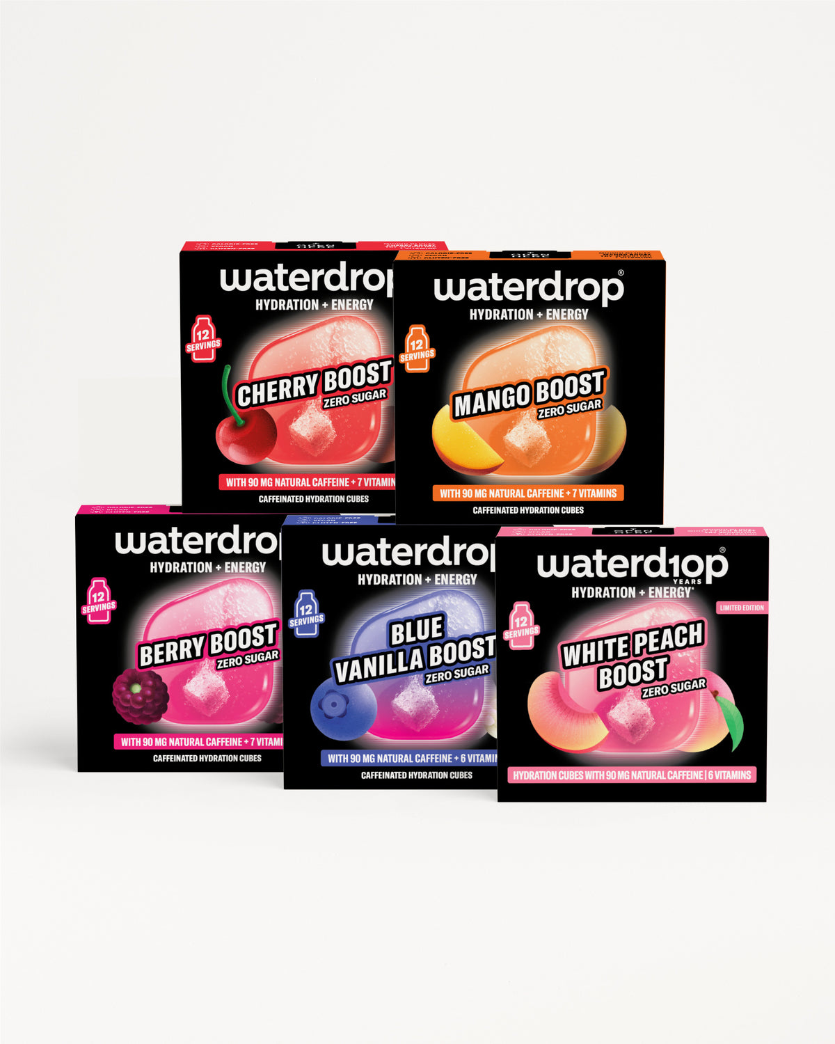 Cutii Waterdrop de hidratare și energie cu arome diferite, puse pe un fundal alb.