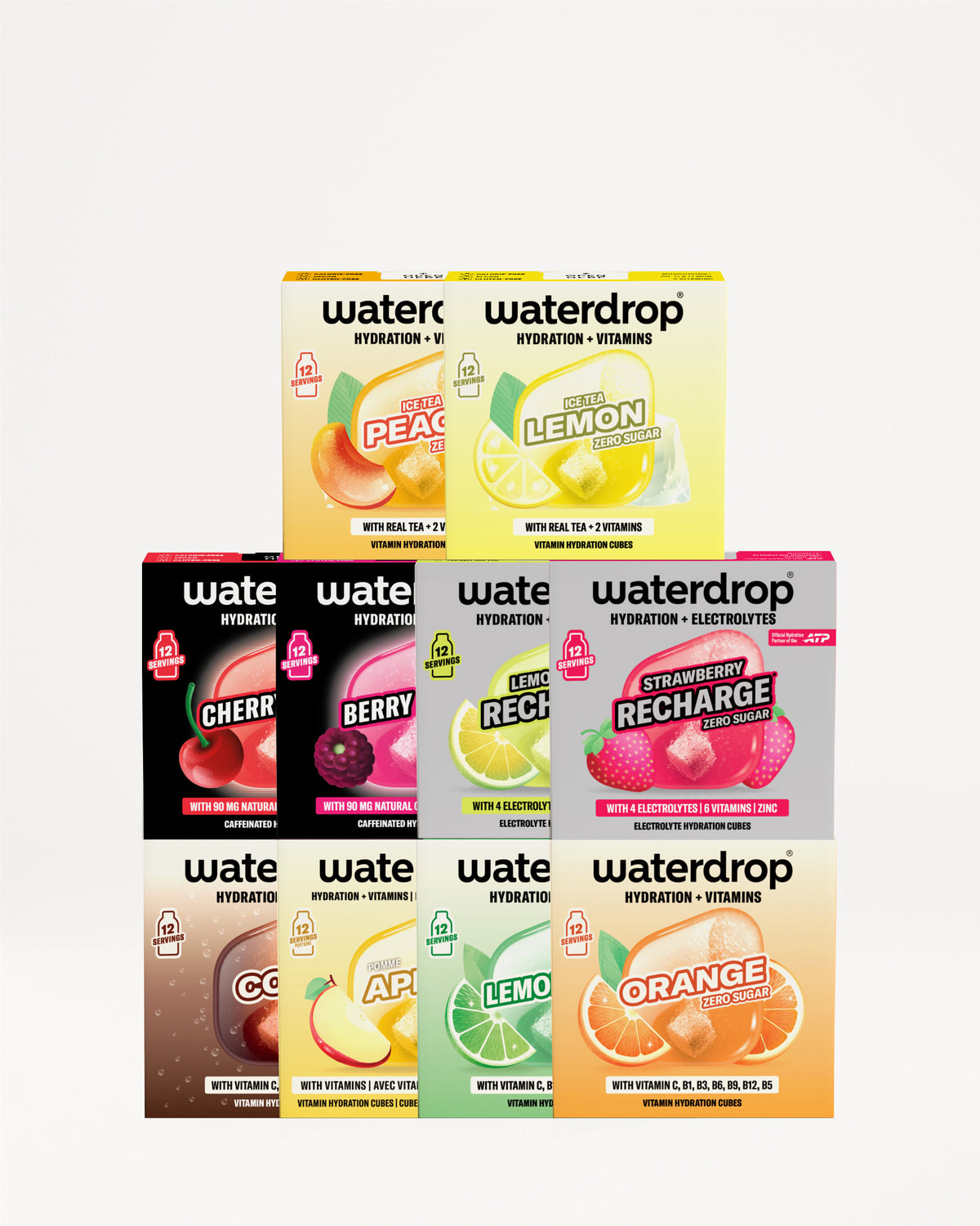 Sortiment de cutii Waterdrop pentru hidratare, așezate într-o piramidă.